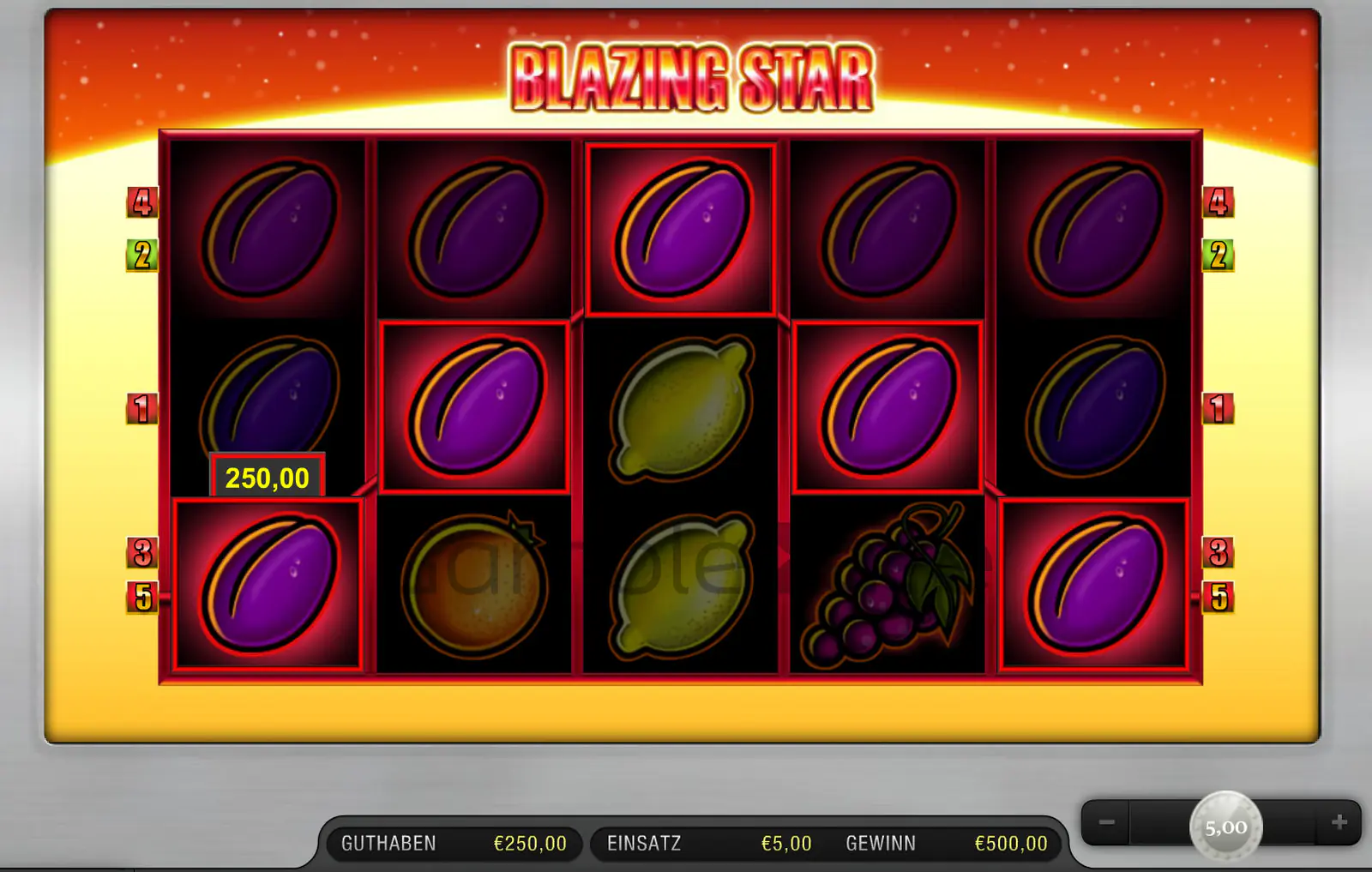 Blazing Star Gewinnbild: 2x volle Reihen Pflaumen