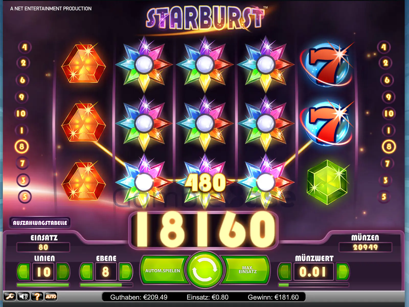 Starburst Gewinnbild: Leider auf zu kleinem Einsatz