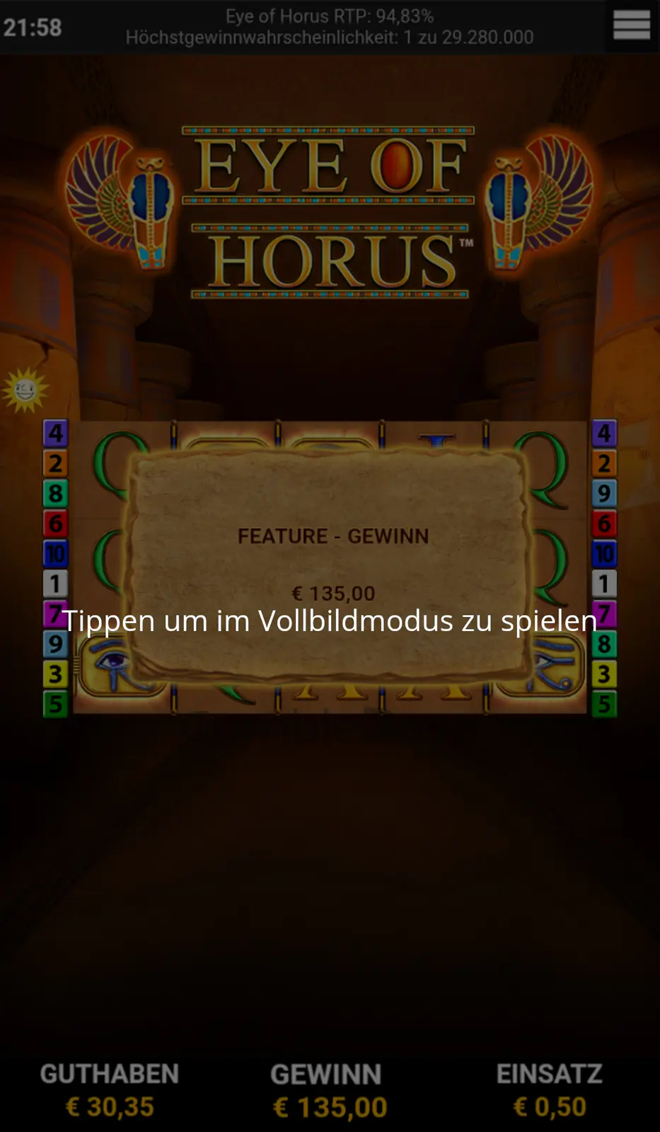 Eye of Horus Gewinnbild: Bonusumsatz [✓]