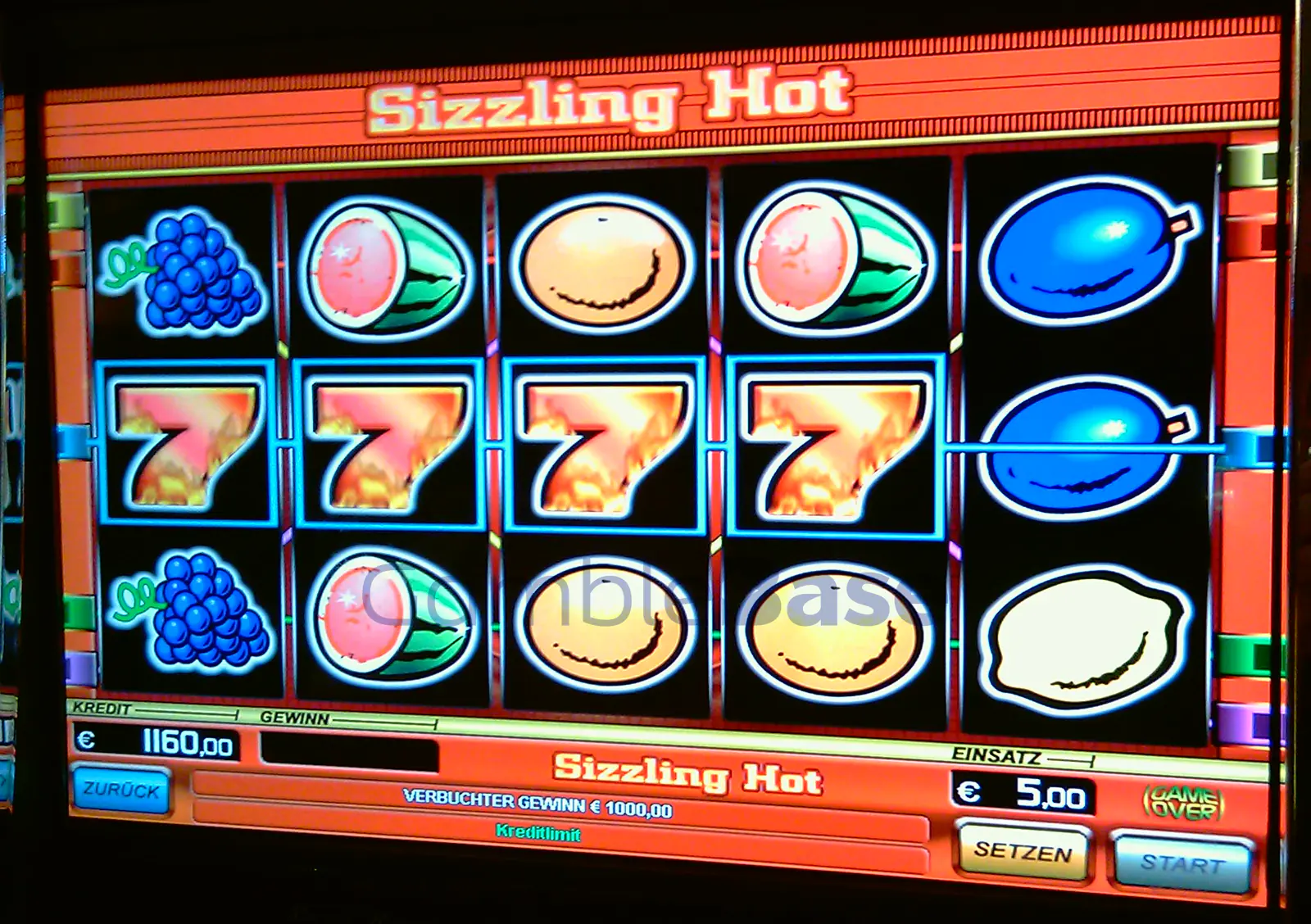 Sizzling Hot Gewinnbild: 4 Siebener auf nem 5er