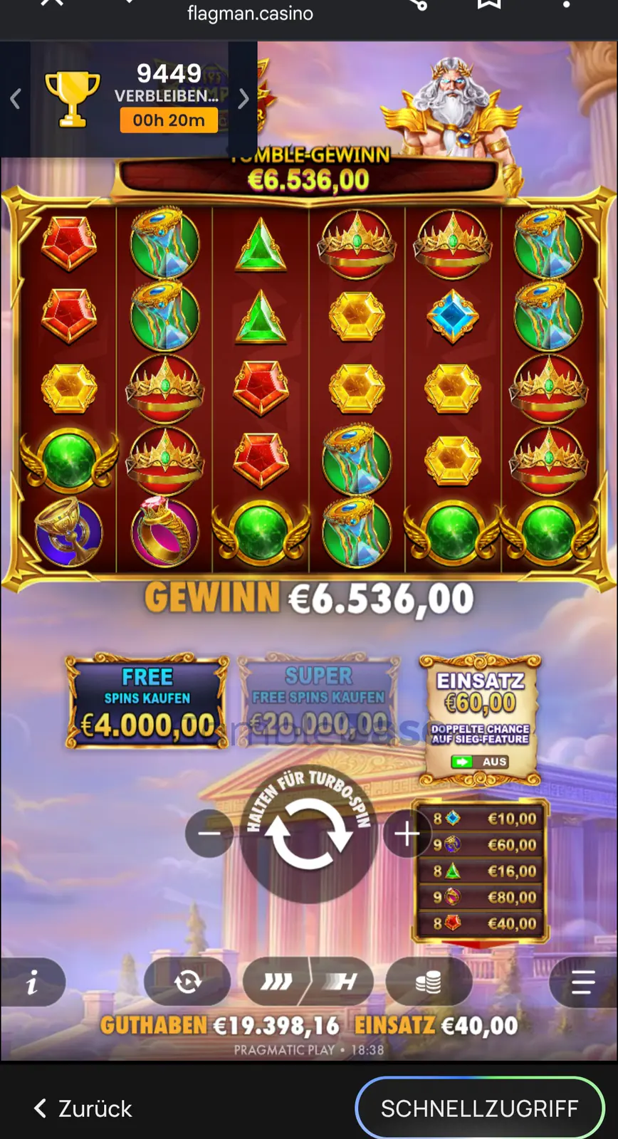 Gates of Olympus Gewinnbild: Knapp 20k win innerhalb 1h