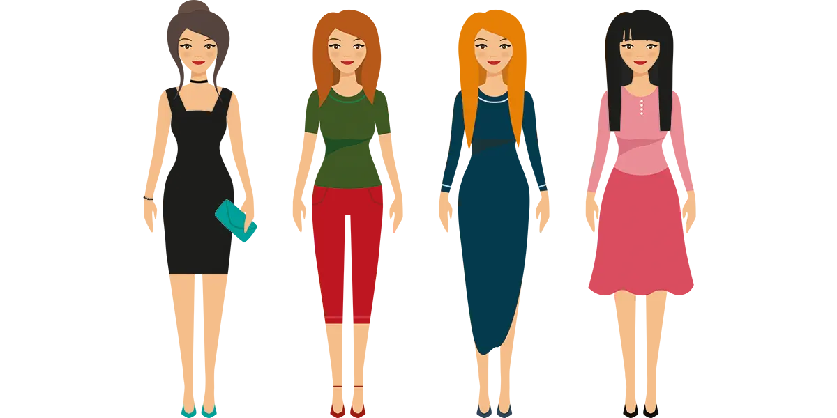 Vier Frauen mit verschiedenen Kleidungsstilen