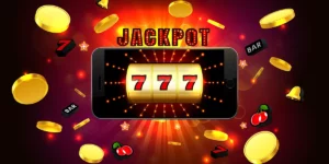 Jackpot-Slot mit 777 und herabfallenden Goldmünzen