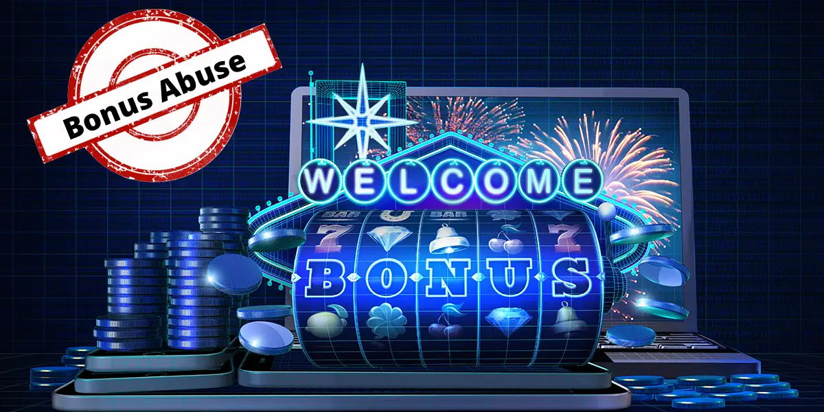 Stempel mit Aufschrift "Bonus Abuse" neben Slot-Machine mit Aufschrift "Welcome Bonus" auf den Walzen