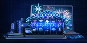 Slot-Machine mit dem Wort "Bonus" auf den Walzen, Jetons und einem Willkommensschild daneben