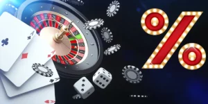 Roulette, Spielkarten, Chips, Würfel und ein Prozentzeichen