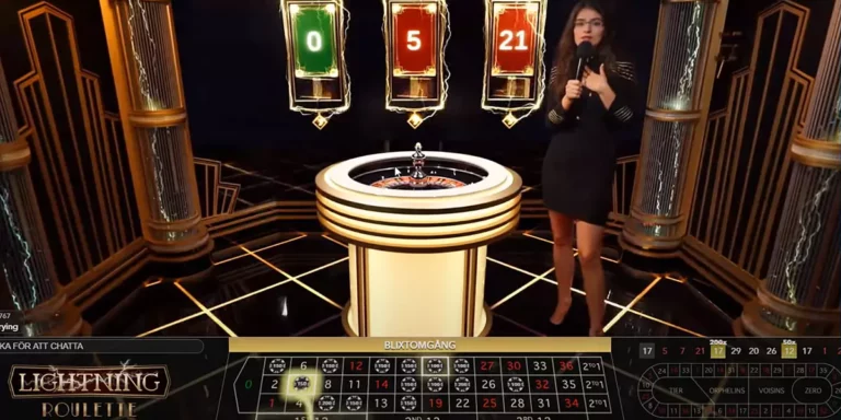 Lightning Roulette Kulisse mit Moderatorin und 3 Multiplikatoren im Hintergrund angezeigt