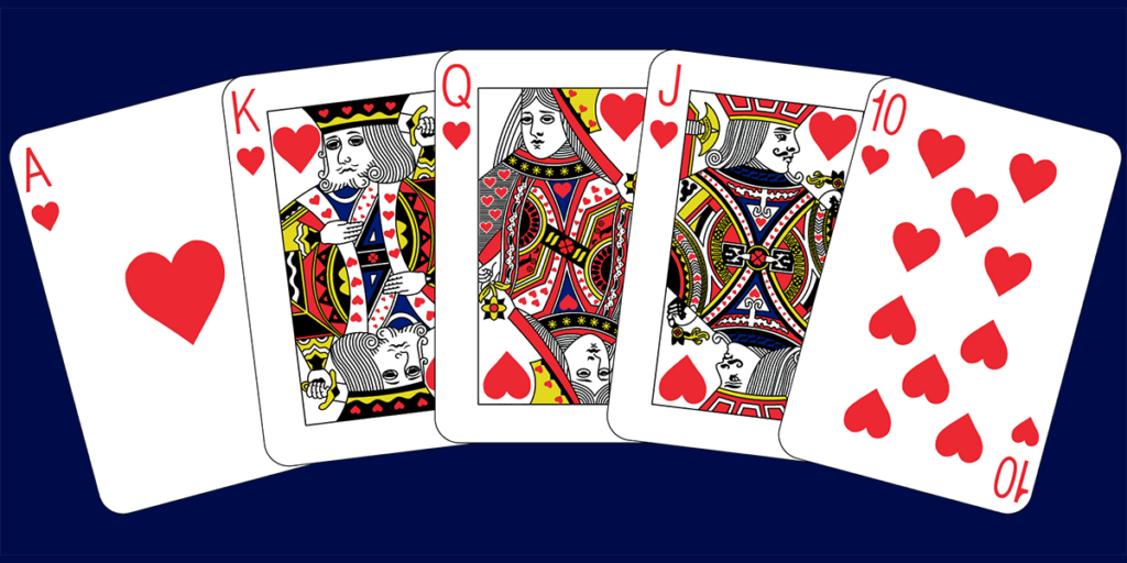 Royal Flush beim Pokern: 10, Bube, Dame, König und Ass in Herz