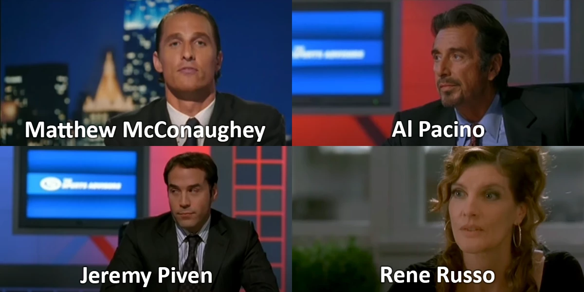 Collage mit Matthew McConaughey, Al Pacino, Jeremy Piven und Rene Russo