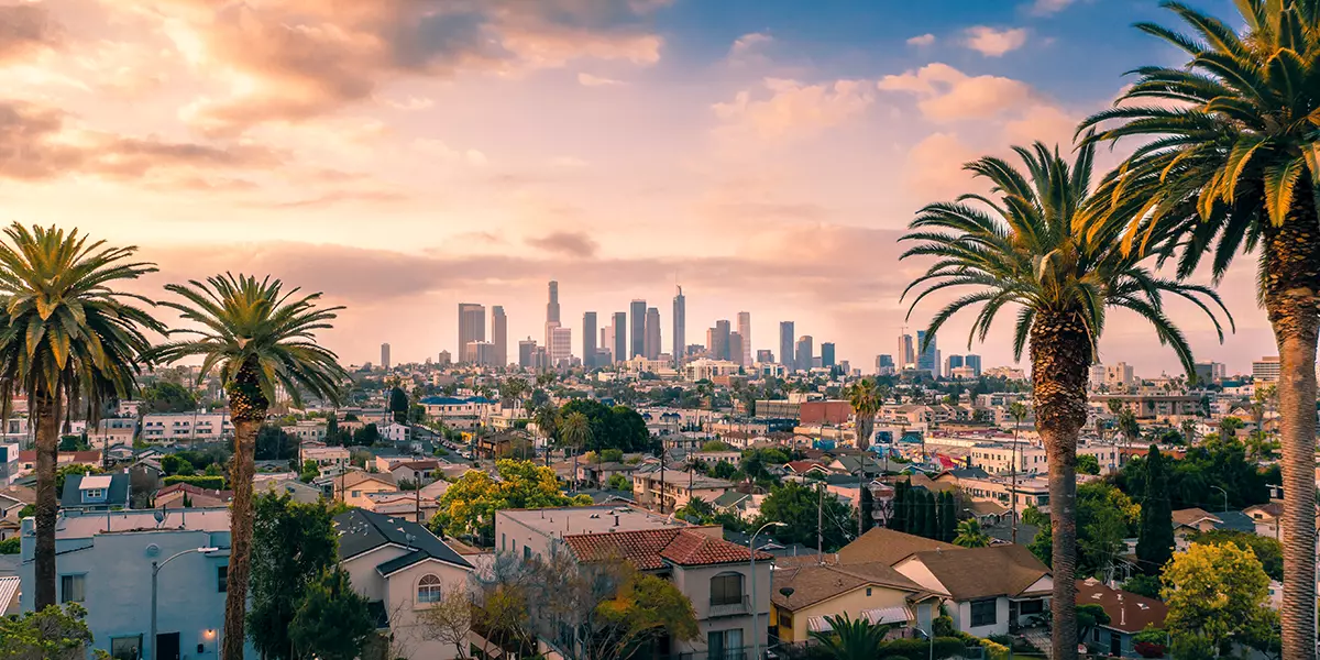 Schöner Sonnenuntergang in Los Angeles mit der Downtown Skyline und Palmen