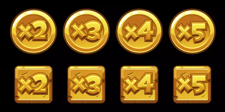 Goldene Münzen und Quadrate mit den Aufschriften x2, x3, x4 und x5