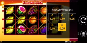 Auswahl des Einsatzes (zwischen 0,05 und 1 EUR) beim Slot Blazing Star