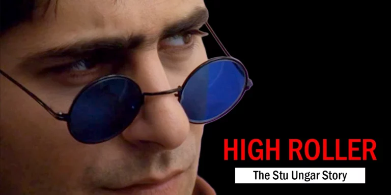 Nahaufnahme von Stu Ungar mit Sonnenbrille neben Schriftzug "High Roller - The Stu Ungar Story"