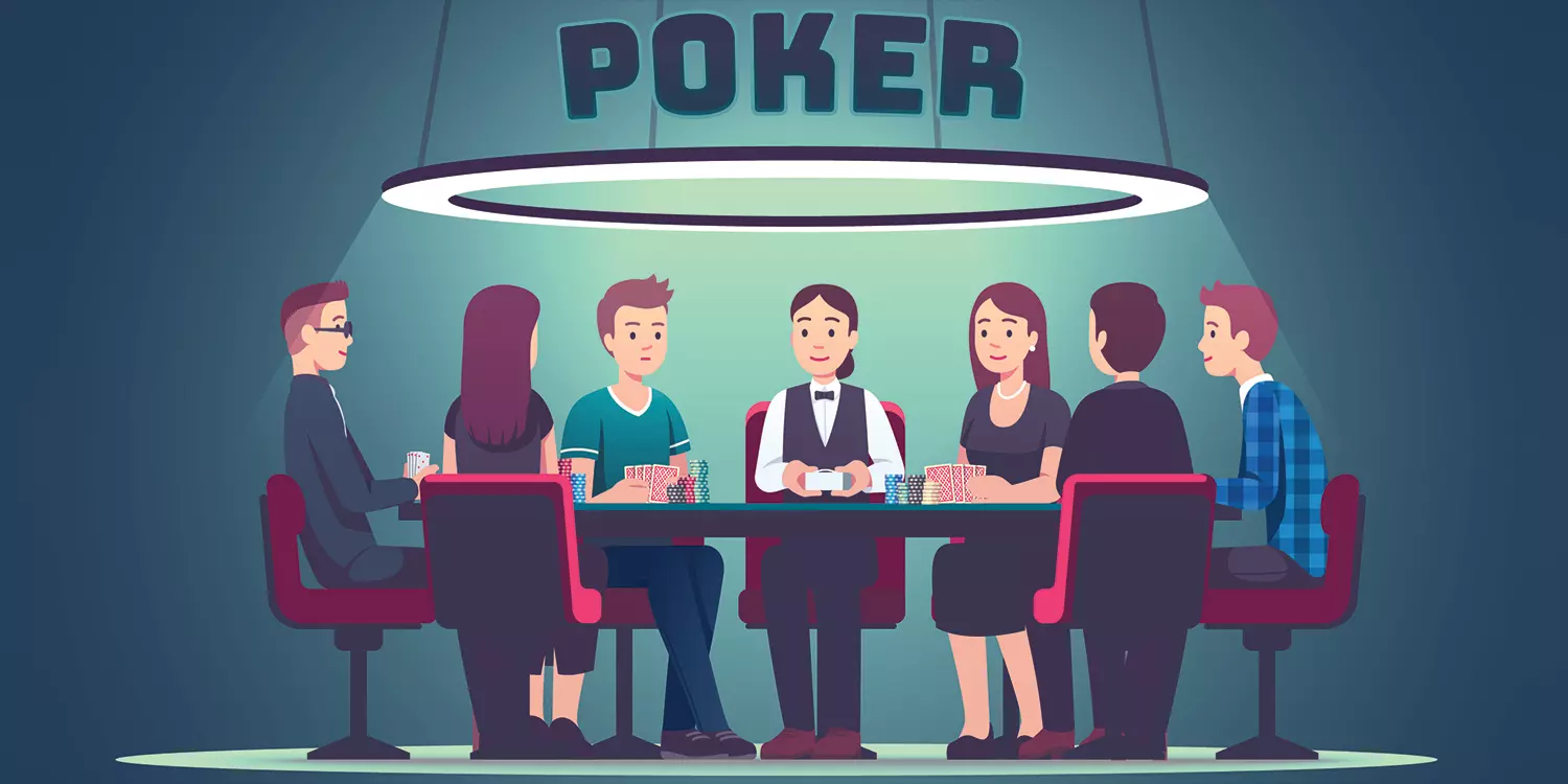 Comicartige Darstellung eines Pokertischs mit 6 Spielern und einem Croupier in der Mitte