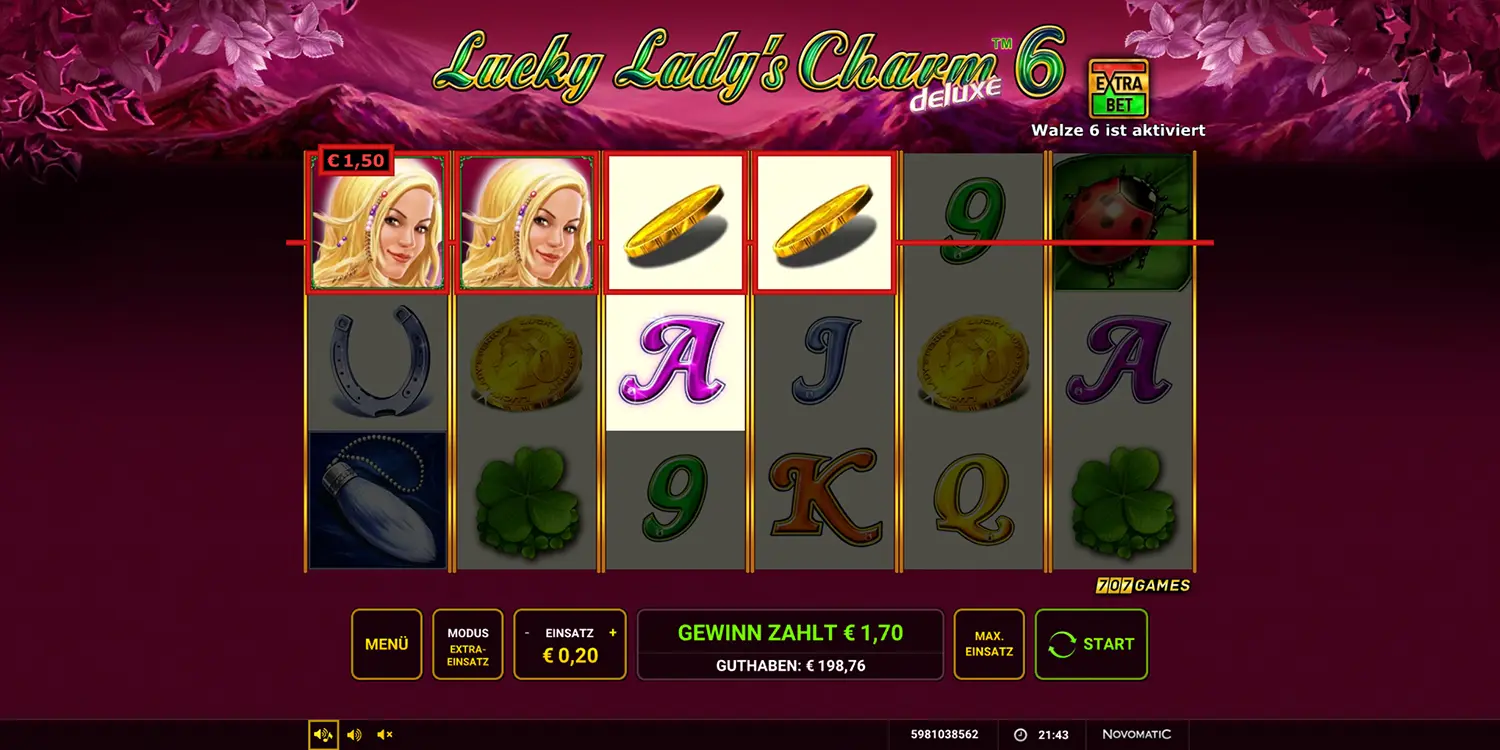 Gewinn mit 2x Wild-Symbol bei Lucky Lady's Charm deluxe 6