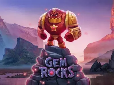 Der mächtige Soldat aus Stein stehtauf dem Felsen mit dem Gem Rocks Schriftzug
