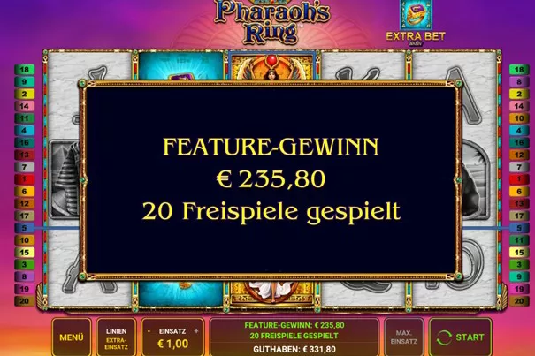 Meldung "Feature-Gewinn 235,80 Euro, 20 Freispiele gespielt" beim Slot Pharao's King