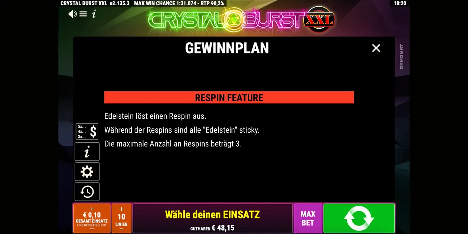 Respin-Feature bei Crystal Burst XXL