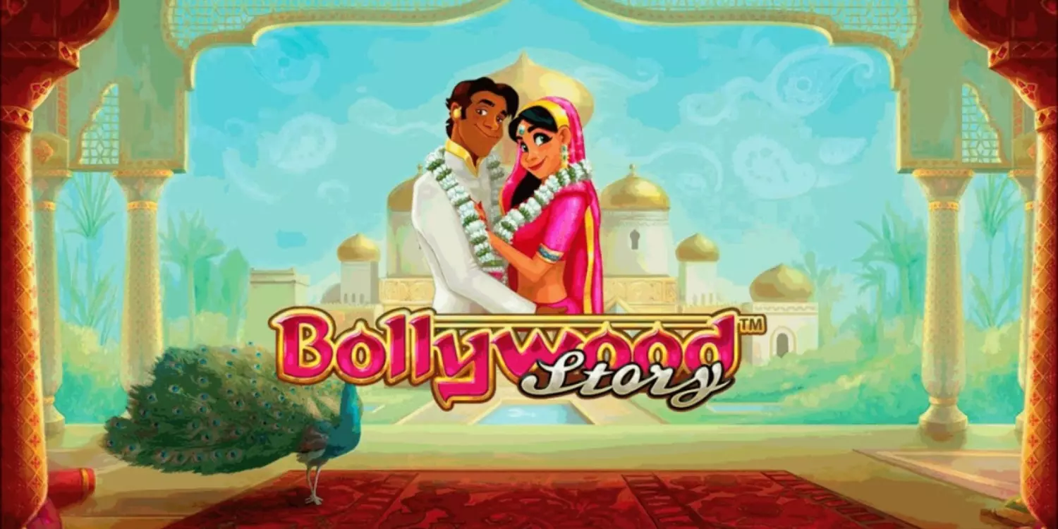 Ein indisches Paar mit einem Palast im Hintergrund und der Bollywood Story Schriftzug. 