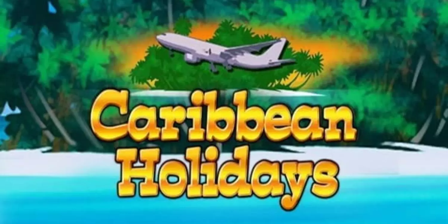 Der Flieger hebt über den Caribbean Holidays Schriftzug ab mit der Insel im Hintergrund