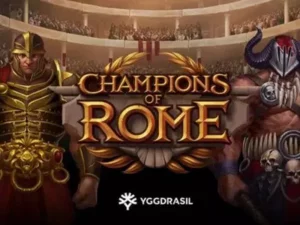 Der Champions of Rome Schriftzug mit einer Arena der Gladiatoren im Hintergrund.