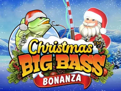 Der Weihnachtsmann und das Fischsymbol hinter dem Christmas Big Bass Bonanza Schriftzug.