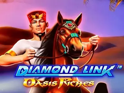 Der reitende Pharao hinter dem Diamond Link Oasis Riches Schriftzug