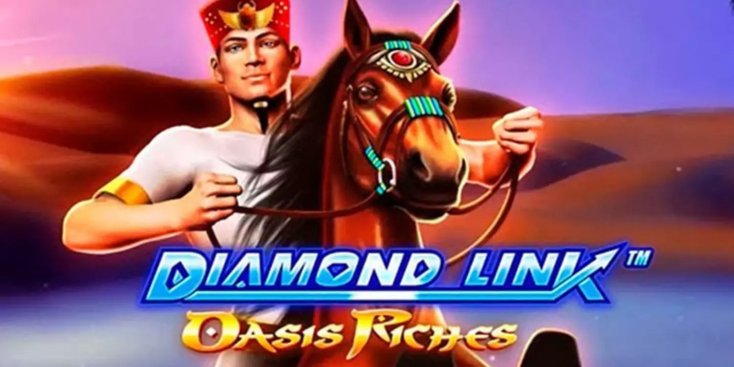 Die Hauptfigur auf dem Pferd hinter dem Diamond Link Oasis Riches Schriftzug