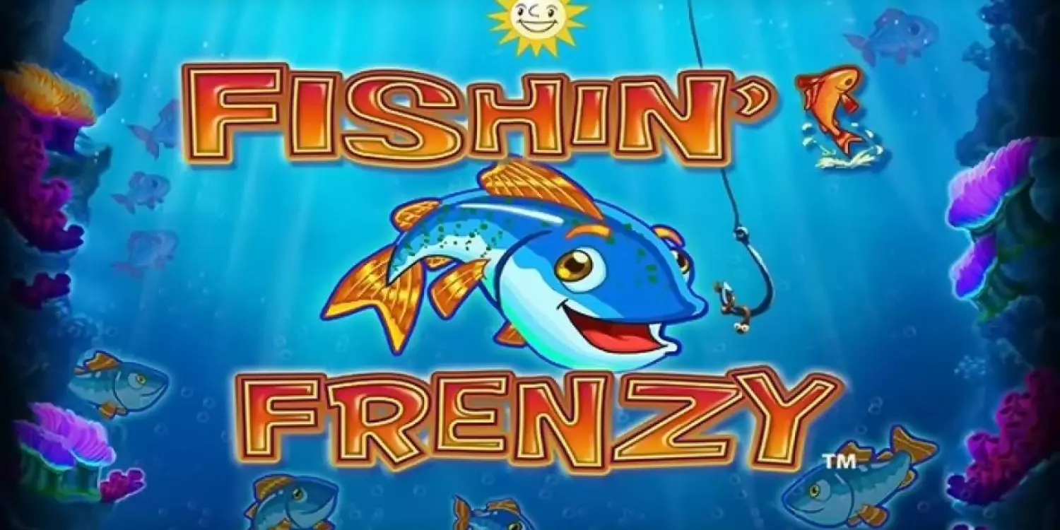 Der Fisch lacht und hängt schon fast am Haken zwischen dem Fishin Frenzy Schriftzug