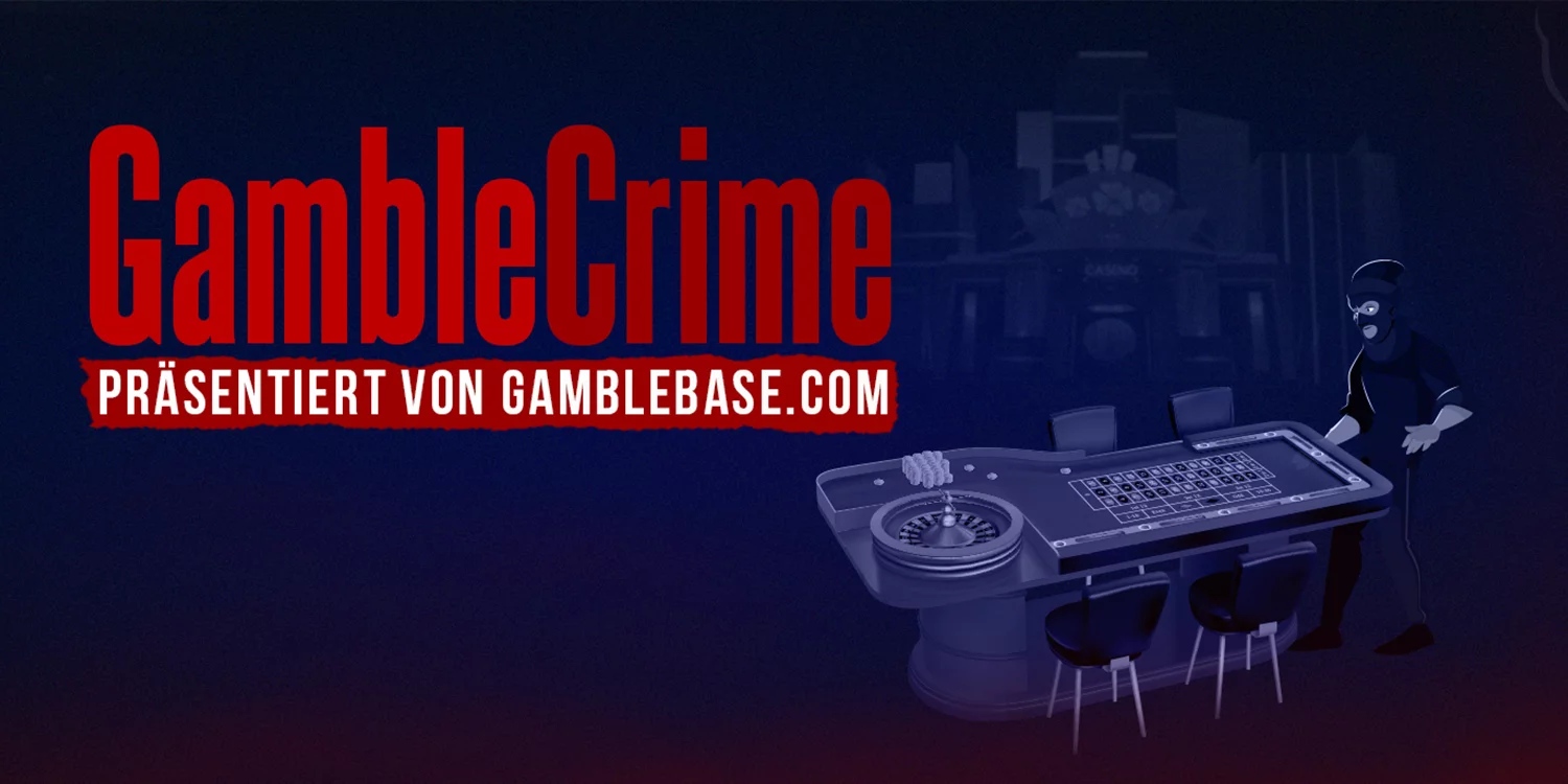 Vermummter Gangster an Roulette-Tisch und Schriftzug "GambleCrime - Präsentiert von GambleBase.com"