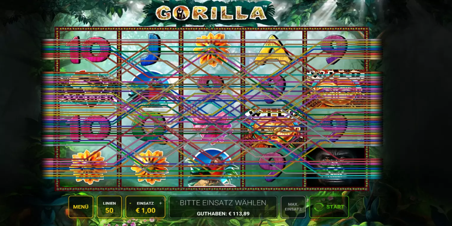 Eine Grafik zeigt die 50 Gewinnlinien auf dem Gorilla-Spielfeld eingezeichnet