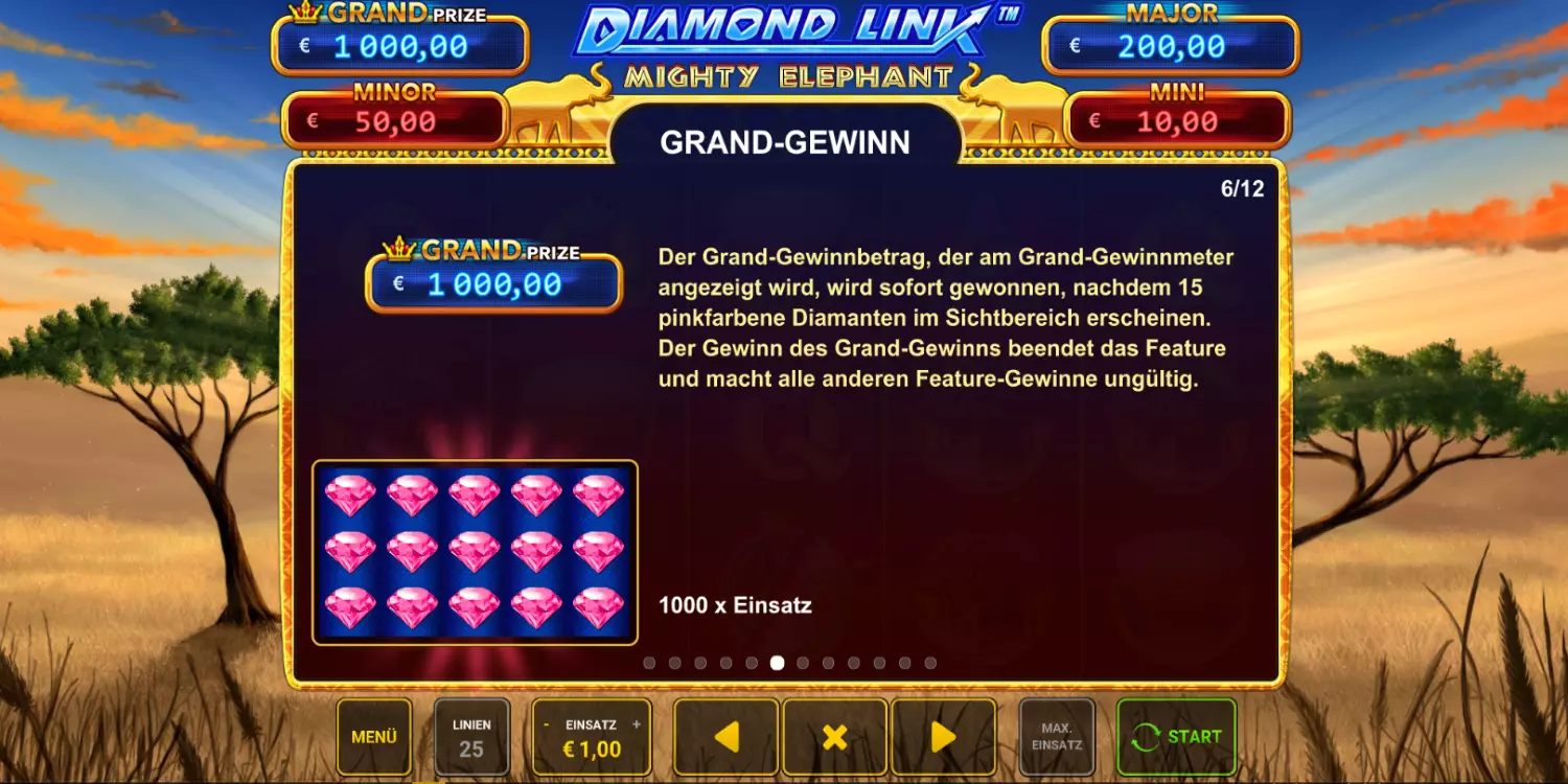 Die 15 Diamanten, die für den Grand Prize benötigt werden, werden grafisch neben der Erklärung dargestellt. 