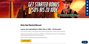 Bewerbung des "Get Started Bonus" mit 250% bis zu 100 EUR und 30 Freispielen