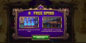 Eine Anzeige erscheint, dass man 8 Free-Spins gewonnen hat.