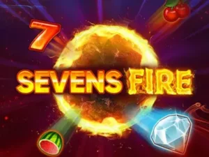 Verschiedene Symbole aus dem Sevens Fire Slot umgeben den Schriftzug.