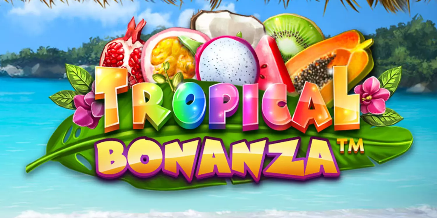 Der Tropical Bonanza Schriftzug auf einem Blatt umgeben von den Symbolen. 