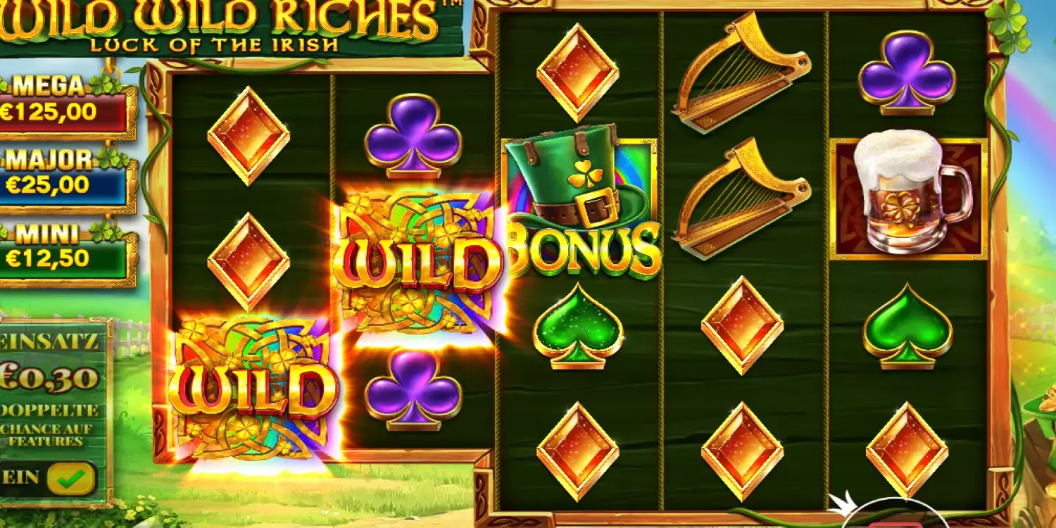 Auf den Walzen 1 und 2 erscheint ein Wild, auf der dritten ein Bonus-Symbol