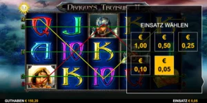 Auswahl des Einsatzes (zwischen 0,05 und 1 EUR) bei Dragon's Treasure 2