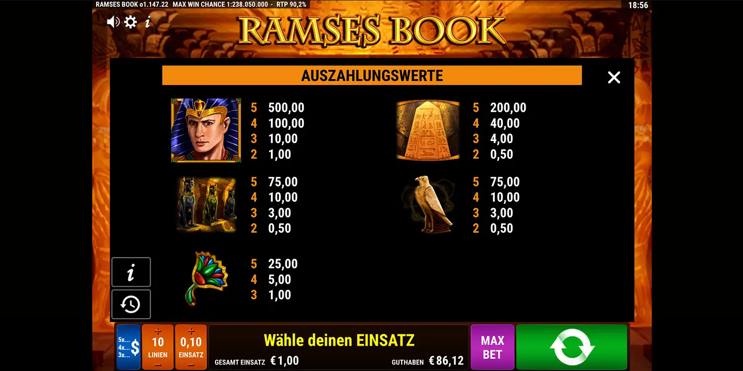 Gewinntabelle hohe Symbole bei Ramses Book