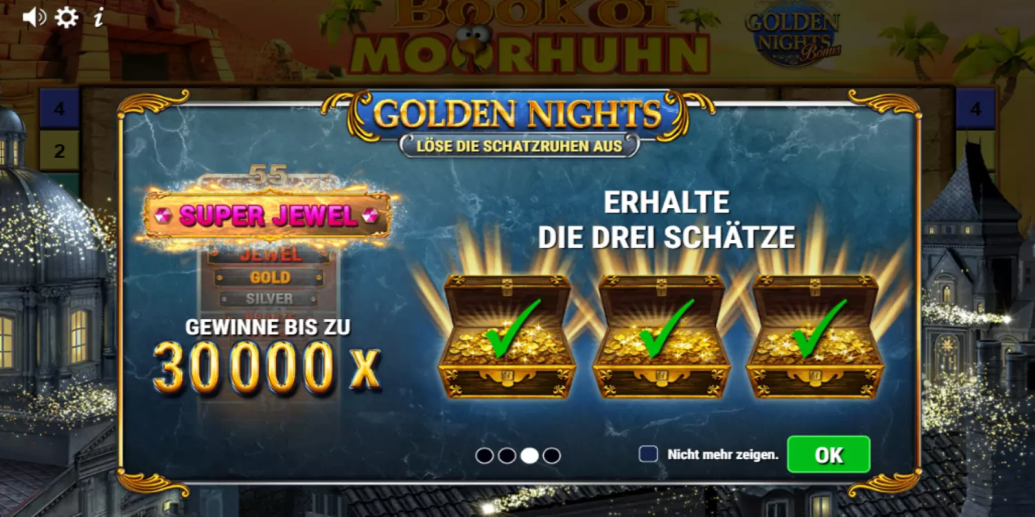 Das Startbild des Slots zeigt die 3 Schatztruhen und den maximalen Multiplikator. 