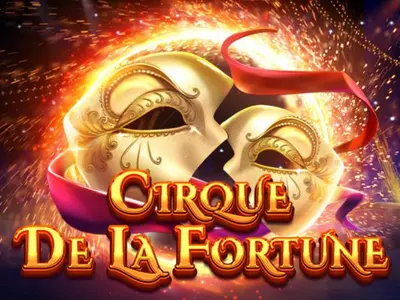 Masken im Hintergrund des Cirque de la Fortune Schriftzugs.