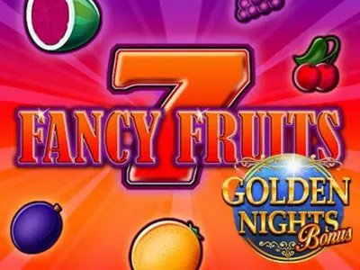 Fancy Fruits golden Nights Bonus Schriftzug neben den Früchtesymbolen des Slots.