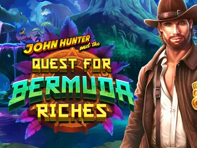 John Hunter steht entschlossen neben dem John Hunter and the Quest for Bermuda Riches Schriftzug.