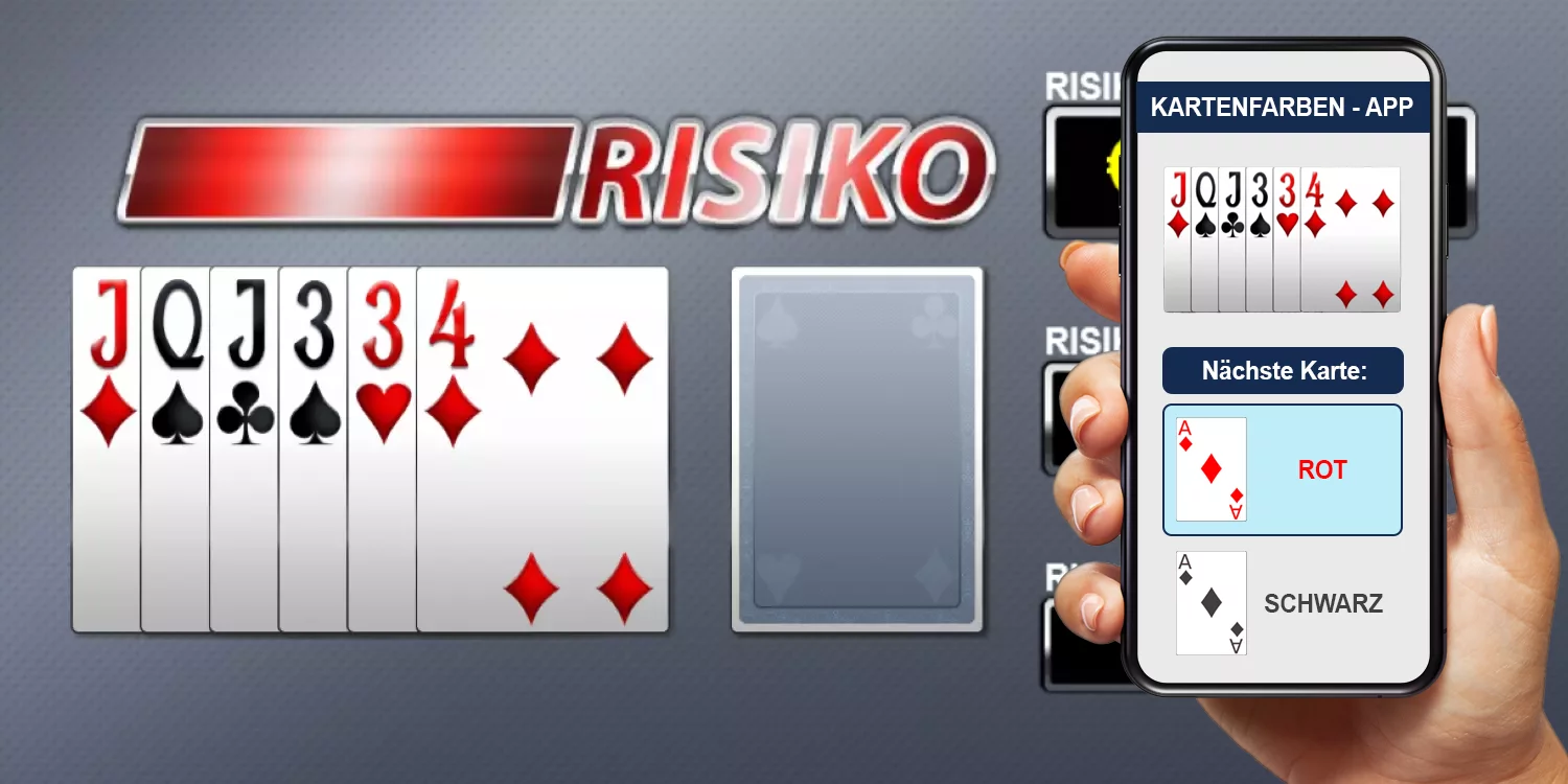 Hand hält Smartphone mit der Kartenfarben-App darauf, welche "Rot" als die nächste Kartenfarbe voraussagt. Im Hintergrund Kartenrisiko bei einem Online-Slot