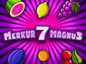 Merkur Magnus 7 Schriftzug umgeben von den Früchtesymbolen des Slots.