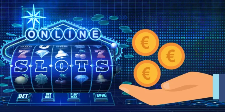 Abstrakte Zeichnung eines Online-Slots und geöffnete Hand daneben, die Euro-Münzen auffängt.