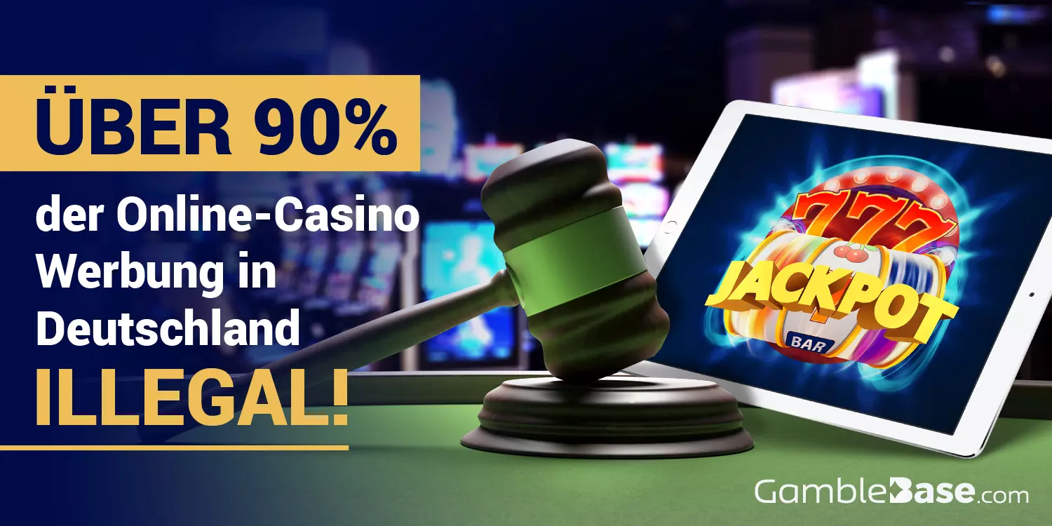 Tablet mit Online-Slot auf Display, daneben ein Richterhammer und der Text "Über 90% der Online-Casino-Werbung in Deutschland ist illegal"