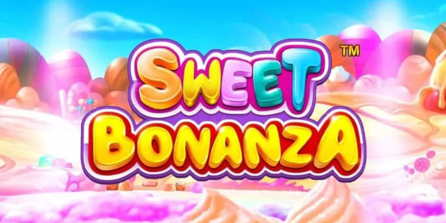 Sweet Bonanza Schriftzug auf buntem Hintergrund.