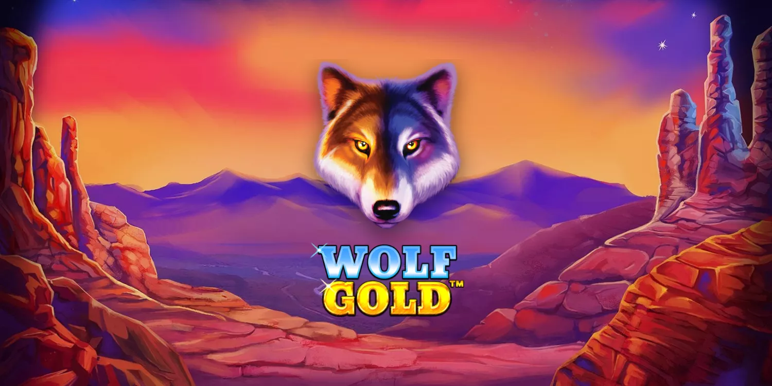 Kopf eines Wolfes inmitten einer felsigen Einöde und Schriftzug "Wolf Gold"