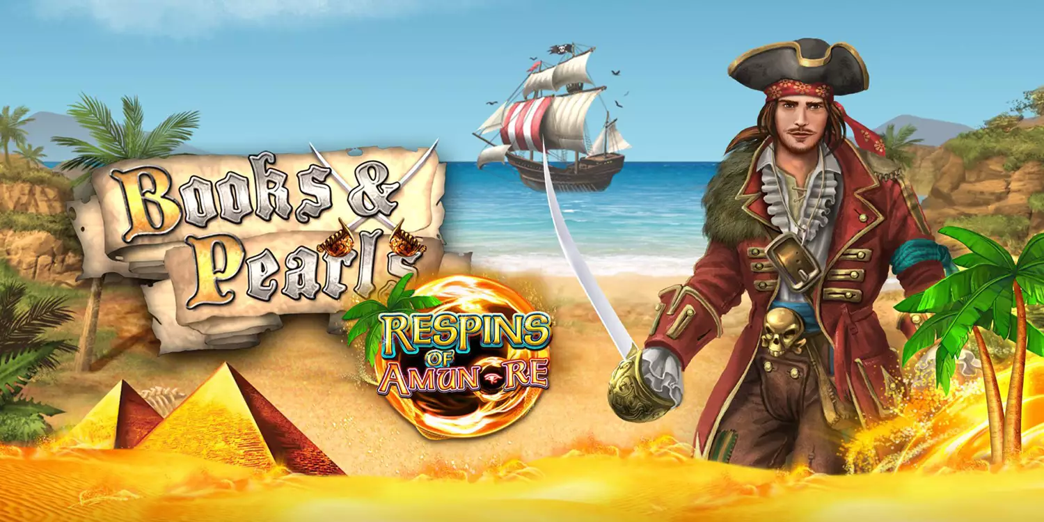 Pirat auf Insel mit Schiff im Hintergrund neben dem Schriftzug "Books and Pearls Respins of Amun Re"